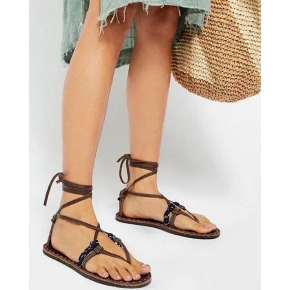 Free People La Jolla Wrap Sandals Black Leather Size 37 New